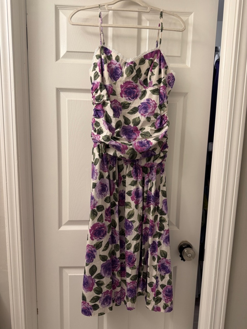 Anthropologie White Midi Dress with Purple Rose Print